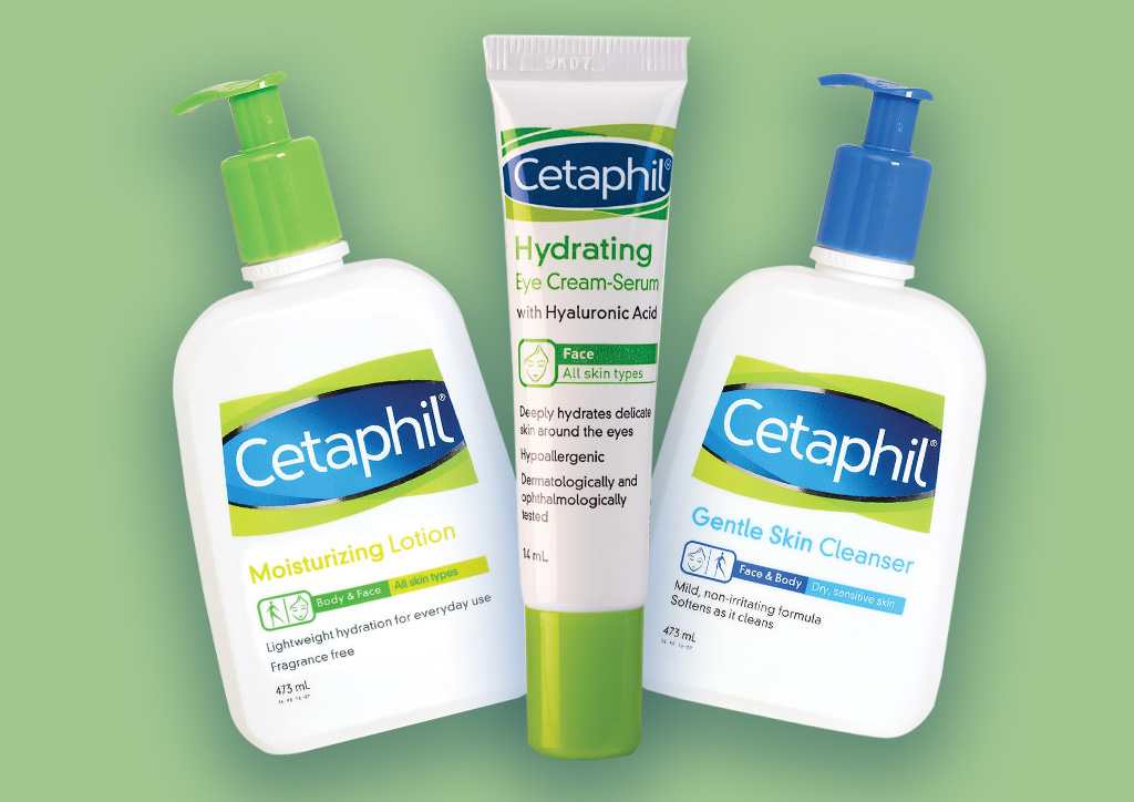 The Cetaphil Gentle Skin Cleanser, Moisturizing Lotion, and Hydrating Eye Cream-Serum