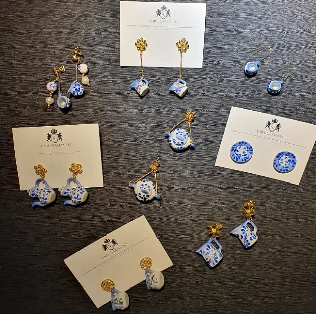 Earl Gariando transforms mom's love for blue and white ceramics into bespoke dangling earrings.