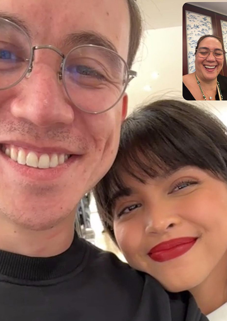 A screenshot of Arjo Atayde and Maine Mendoza on a video call with Sylvia Sanchez