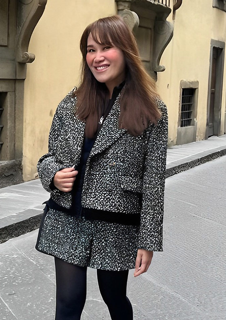 Dr. Aivee Aguilar Teo welcomes Autumn with a black and white Tweed Blazer and Shorts set.