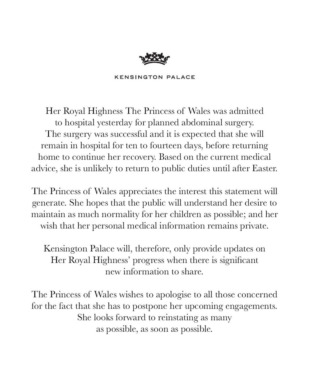 Official announcement regarding the Princess of Wales' surgery 