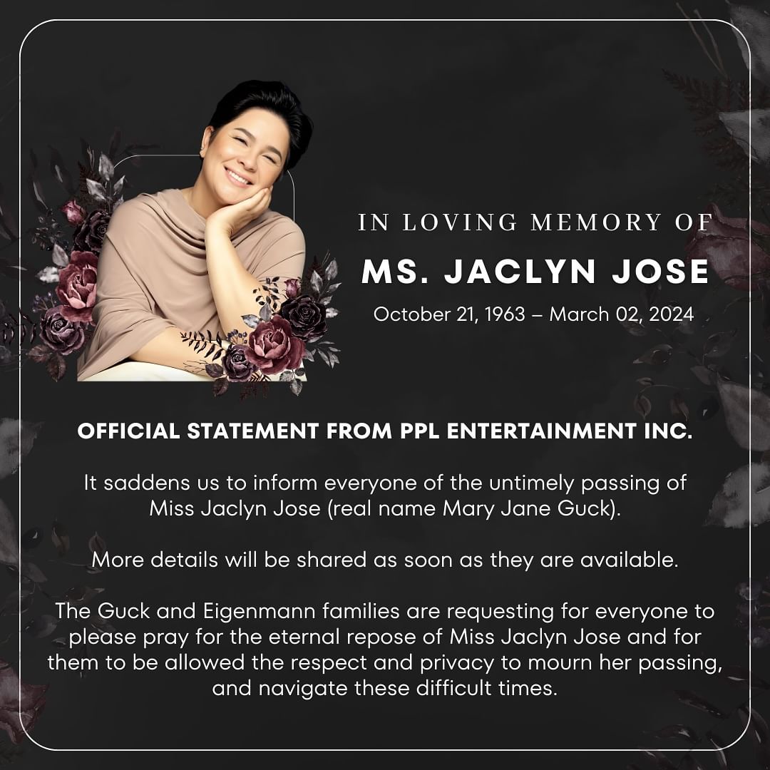 PPL Entertainment's official statement about Jaclyn Jose's death